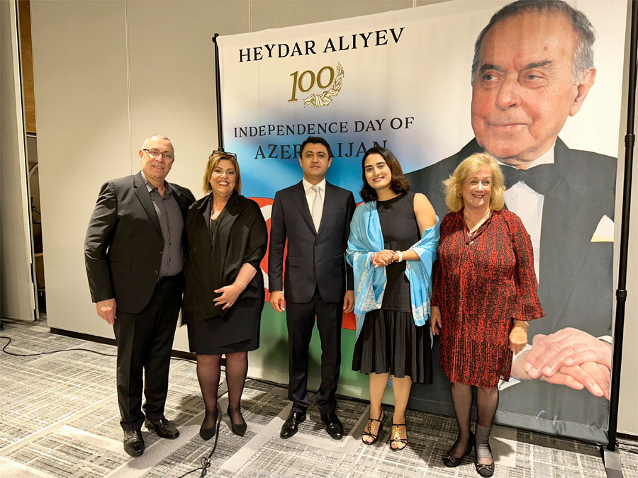 Hon Consul General Ramil Gurbanov and wife, with Nurit Greenger [right], a freelance journalist/publicist, President of US-AZ Cultural Foundation, Eti El-Kiss [left], CEO Cachet Worldwide Productions with husband Shaul Mizrahi.