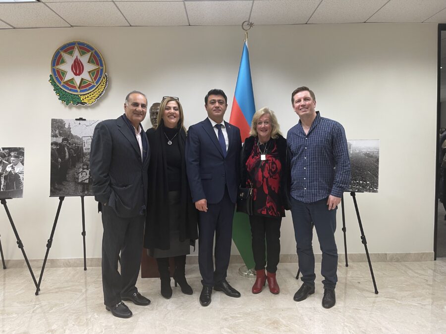 In the photo from left: Guest, Behkam Nikaein, Eti El-Kiss CEO Cachet Worldwide Productions, Ramil Gurbanov, Consul General Azerbaijan, Nurit Greenger, President US-AZ Cultural Foundation, Ruslan Biryukov, Cellist. -Photo credit Nurit Greenger