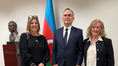 Video photo: center, Vugar Gurbanov, Consul General of Azerbaijan in Los Angeles for U.S. West Coast, to his left, Eti, El-Kiss, CEO Cachet Worldwide Productions, and right, Nurit Greenger, President US-AZ Cultural Foundation.