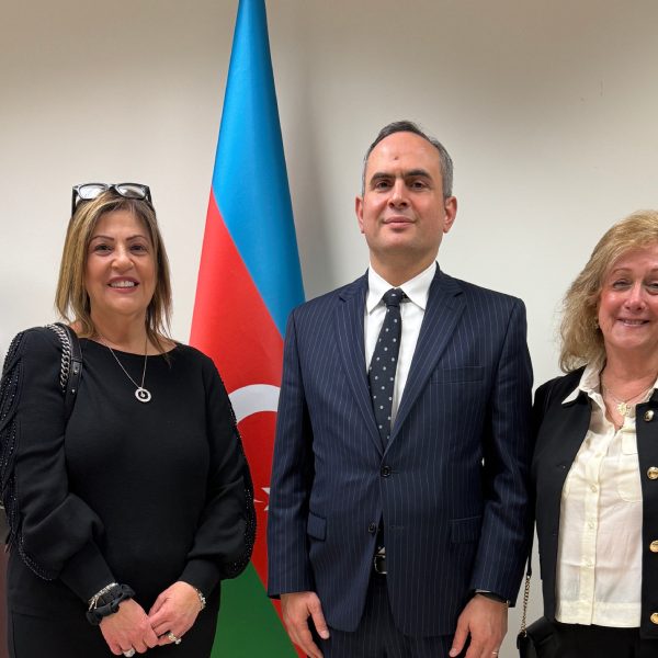 Video photo: center, Vugar Gurbanov, Consul General of Azerbaijan in Los Angeles for U.S. West Coast, to his left, Eti, El-Kiss, CEO Cachet Worldwide Productions, and right, Nurit Greenger, President US-AZ Cultural Foundation.
