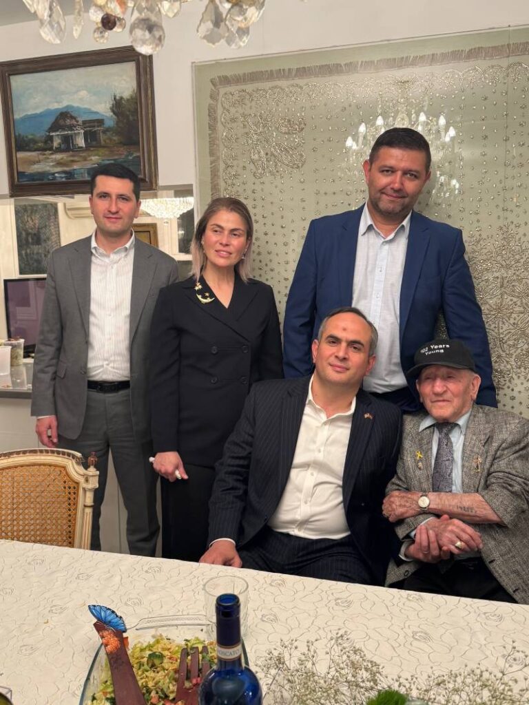 Vugar Gurbanov, Azerbaijan Consul General in Los Angeles, wife Nurida, Gasim Shirinli, consulate's spokesperson[left], Ramiz Dashdamirov, consul [2nd row center] with Joseph (Joe) Alexander, 101-year-old Holocaust survivor